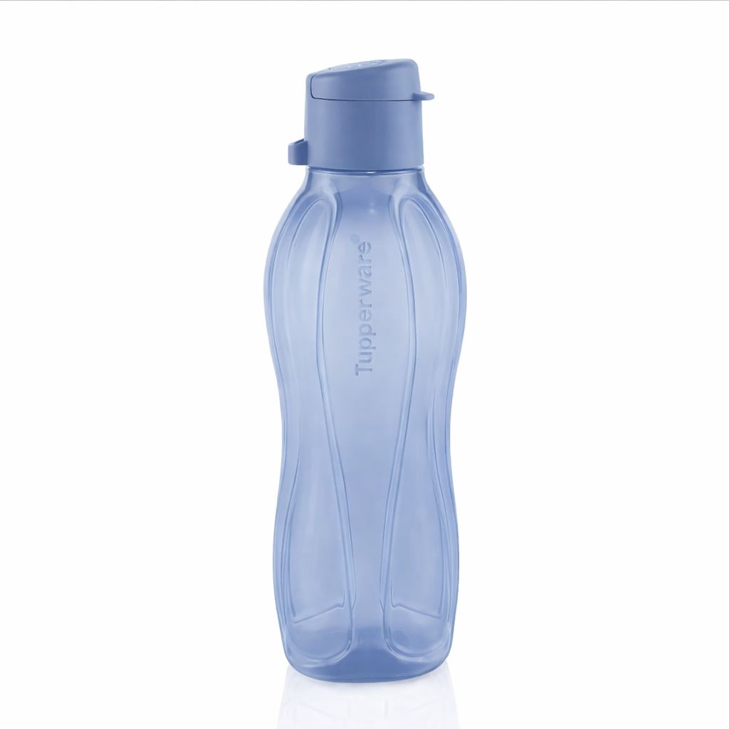 Blue plastic water bottle with flip-top lid, reusable kitchen hydration tool on white background.