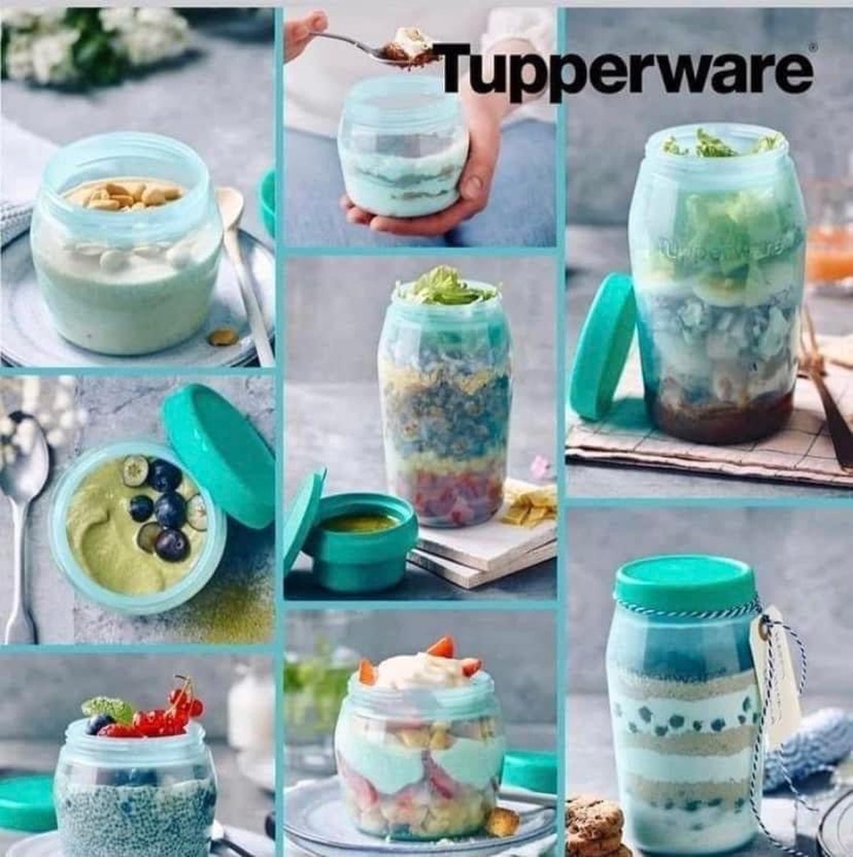 Tupperware glazen met gezonde smoothies, yoghurt en desserts, perfect voor op reis of lunch