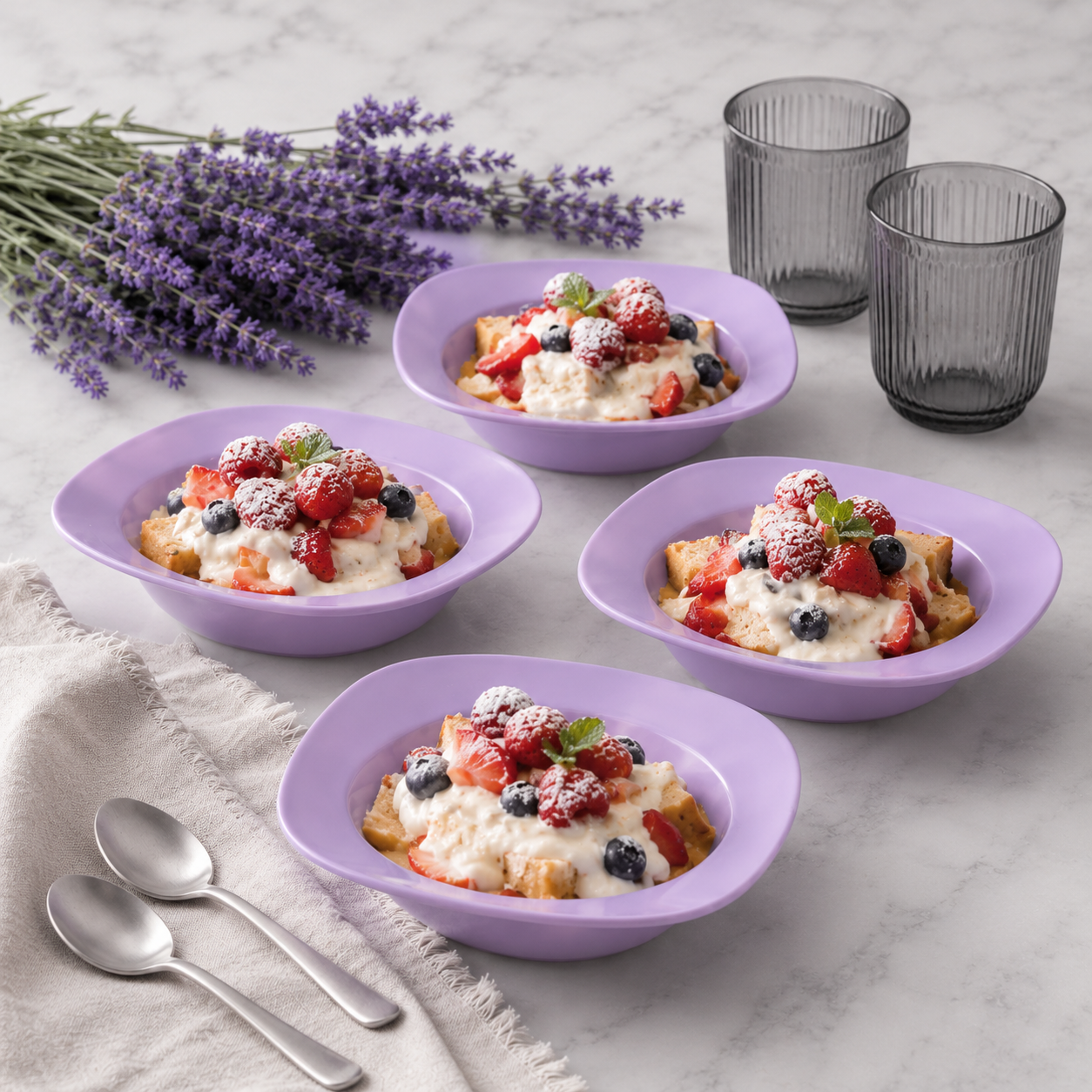 Paarse kommen met fruitdessert, slagroom en bessen, perfect voor een culinair avontuur