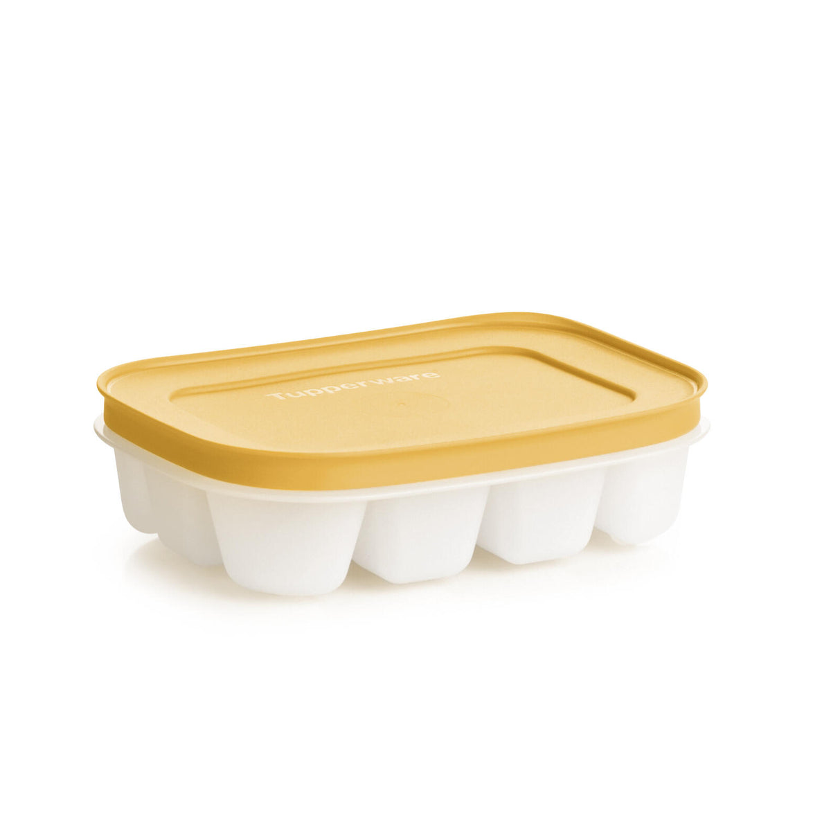 Tupperware ijsblokjesvorm met geel deksel, ideaal voor keukengadgets en voedselopslag