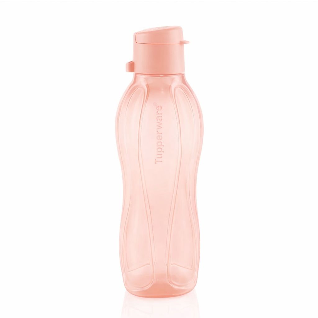 Pink reusable water bottle with flip cap and ergonomic design on white background
