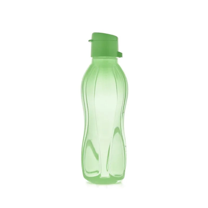 Green plastic kitchen water bottle with flip cap on white background