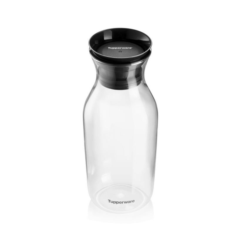 Clear plastic kitchen bottle with black lid, ideal for storing and serving drinks