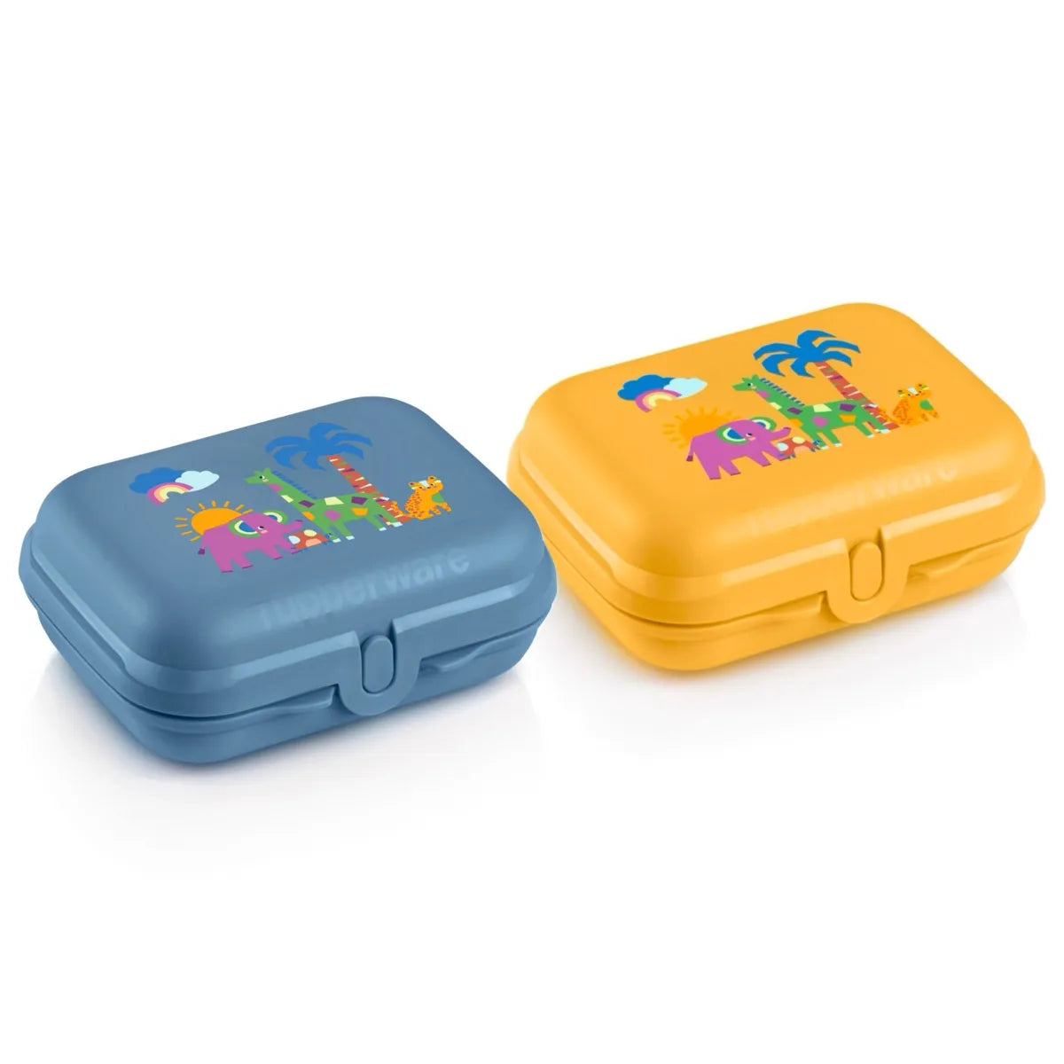 Blue and yellow Tupperware Eco+ Smartclip Medium containers with colorful animal illustrations.