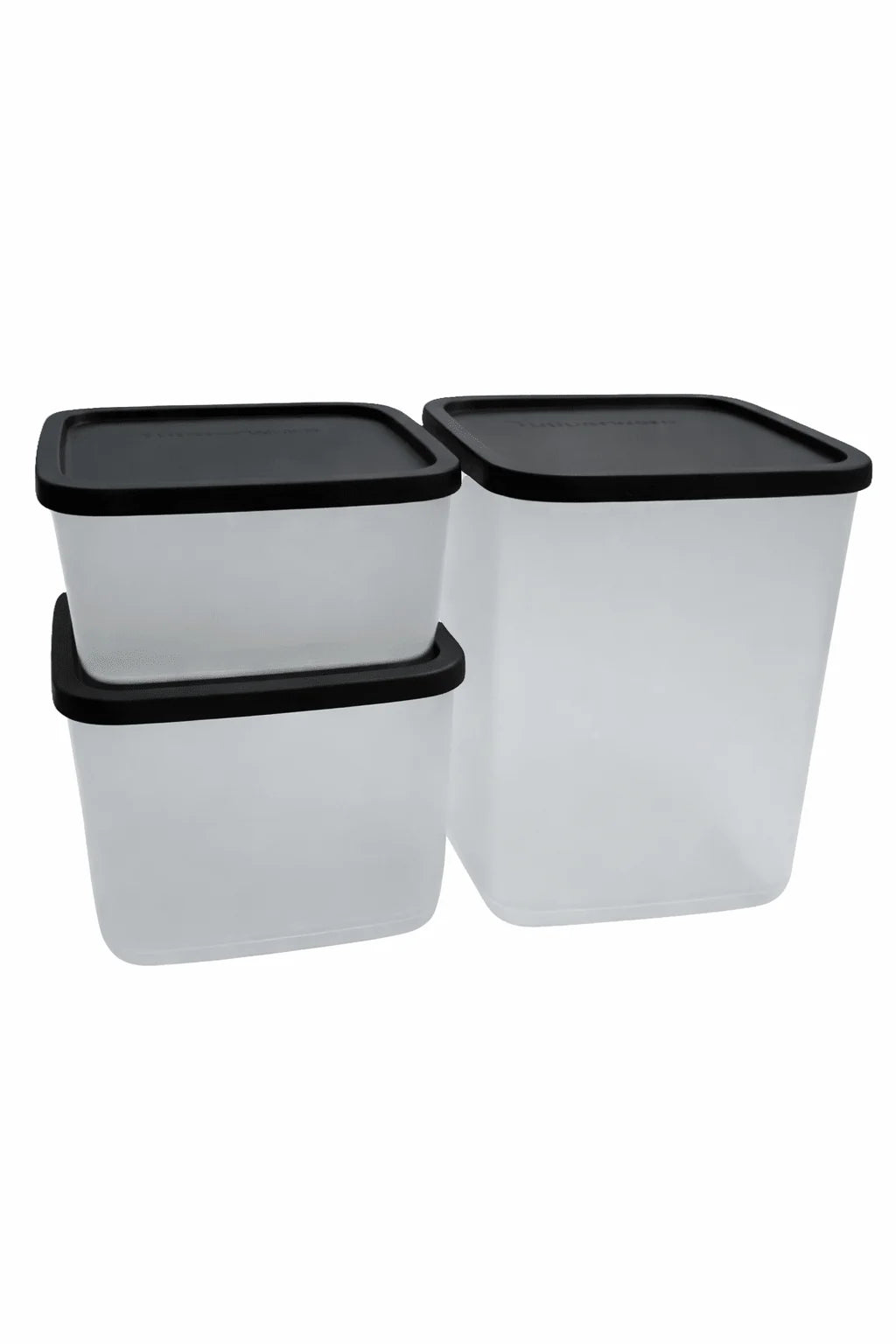 Set of three transparent food storage containers with black lids, kitchen organization