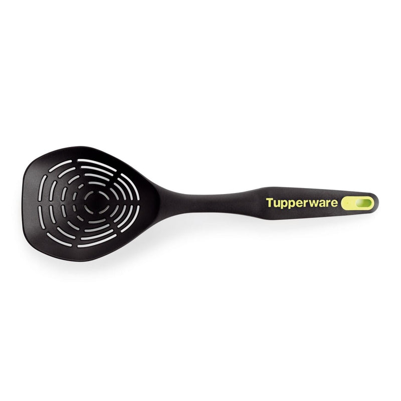 Black slotted spoon with ergonomic handle and yellow accent, ideal for kitchen draining tasks