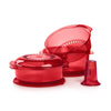 Rode Tupperware Combo Micro 3 stapelbare magnetronbakjes met deksels en kookstomp.