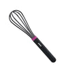Black silicone kitchen whisk with purple accent, isolated on white background