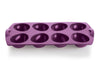 Purple silicone egg mold tray with eight oval cavities for baking or cooking eggs