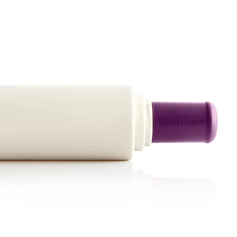 Close-up of a white rolling pin with a purple handle, kitchen tool on white background