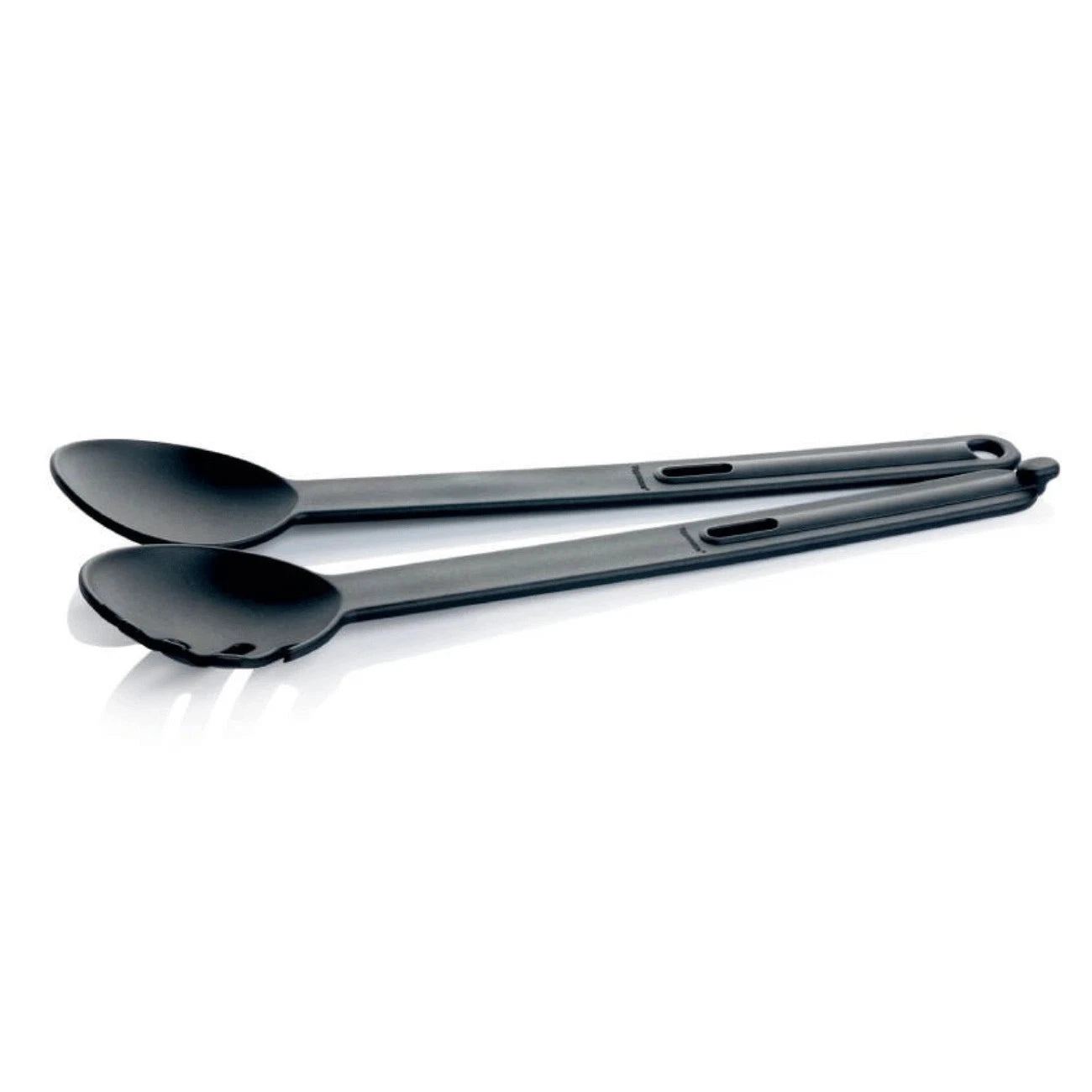 Black plastic salad tongs kitchen utensil on white background