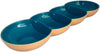 Set of four blue and beige ceramic kitchen bowls nested in a row