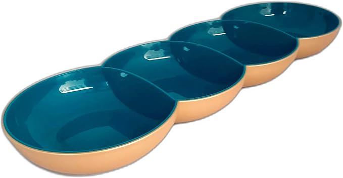 Set of four blue and beige ceramic kitchen bowls nested in a row