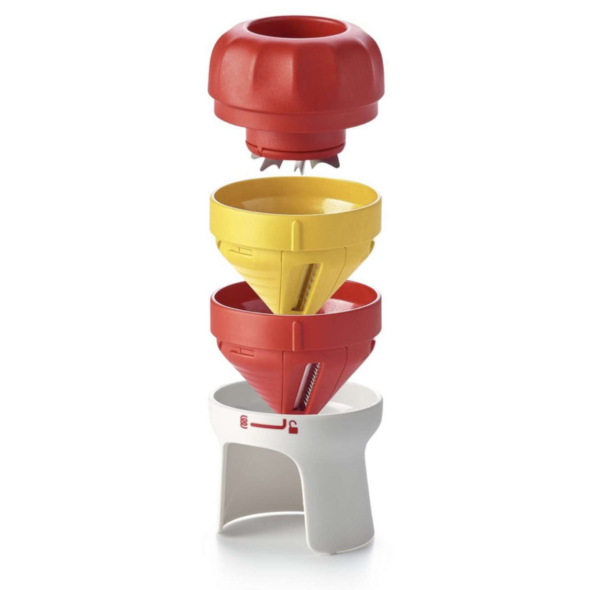 Multi-part spiral vegetable slicer in red, yellow, and white, isolated on white background.