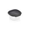 Plastic food storage container with black lid on white background