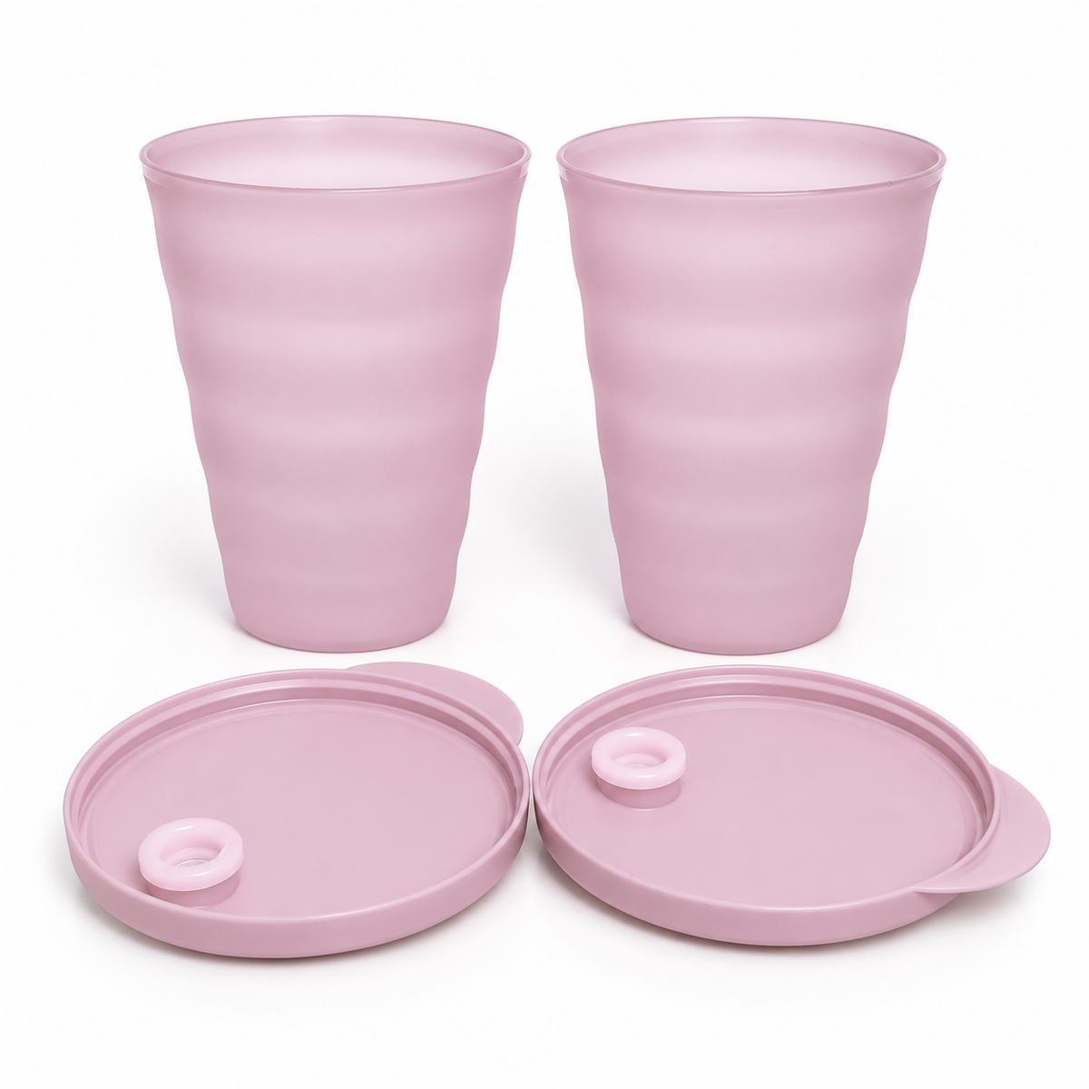 Set of two pink Tupperware straw cups with matching lids