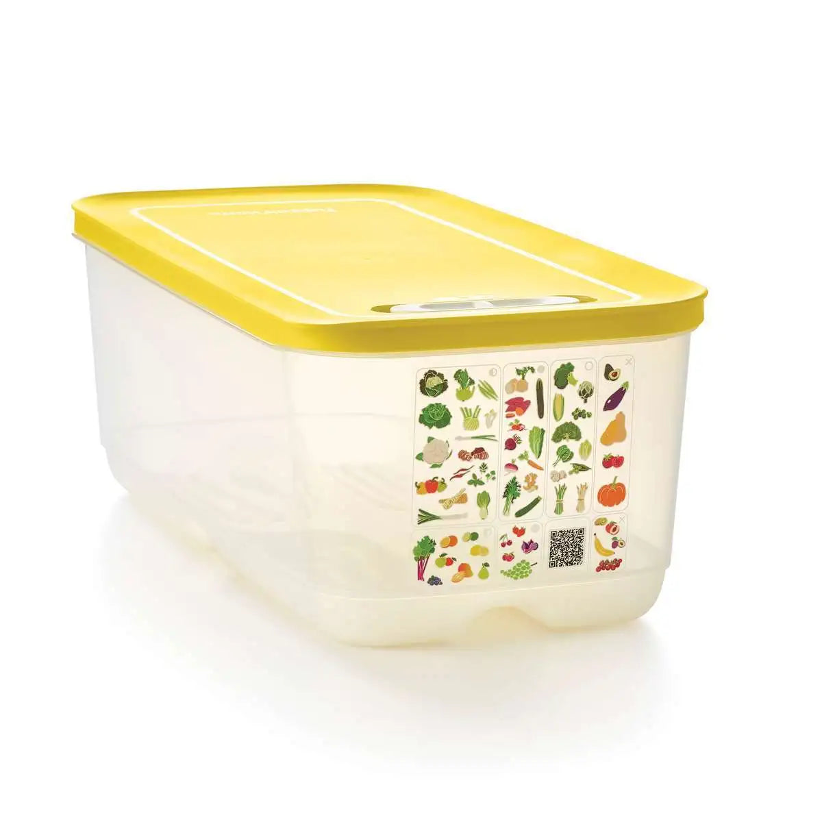 Tupperware VentSmart 6.1L food storage container with yellow lid and vegetable guide stickers