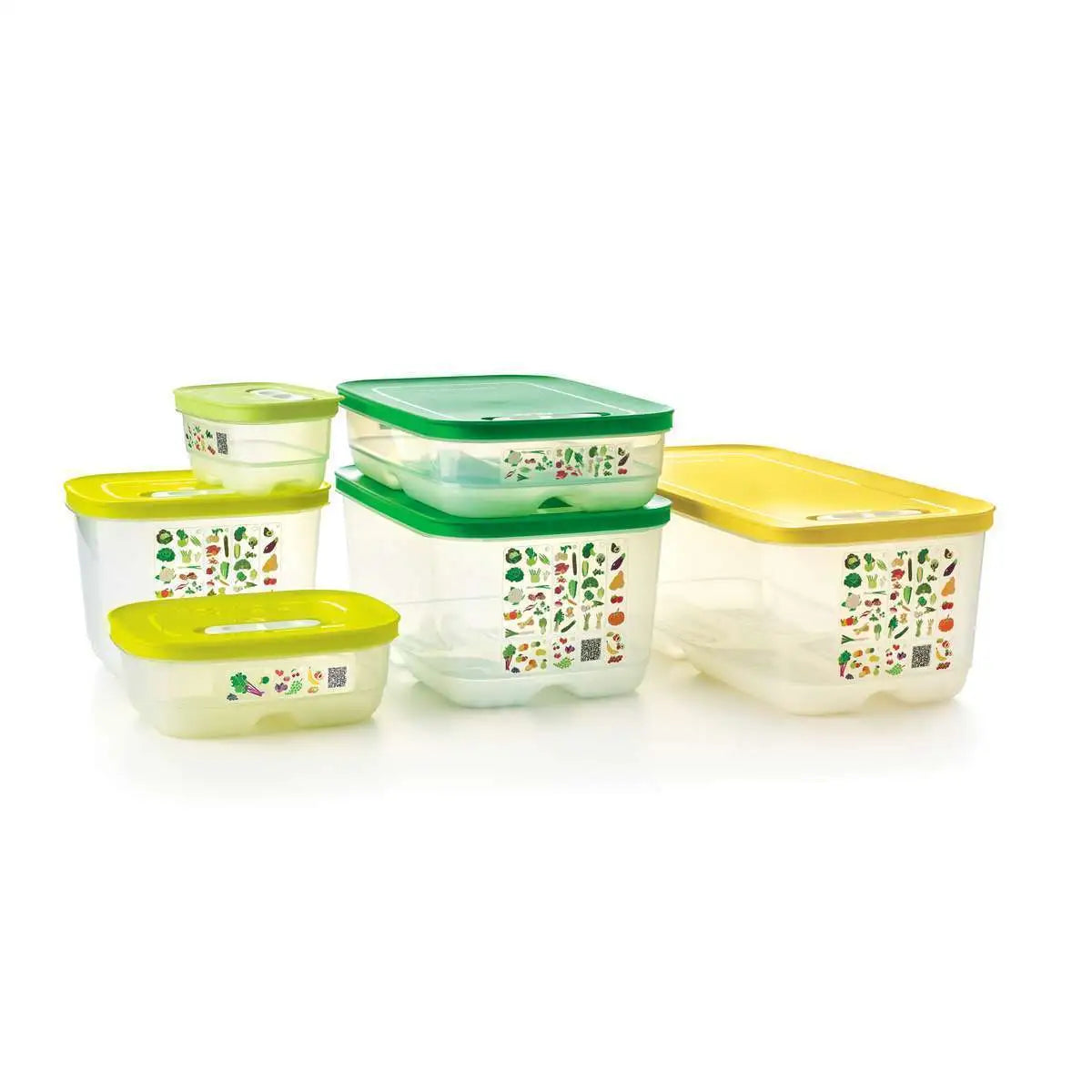 Set of Tupperware VentSmart food storage containers with colorful lids and vegetable prints.