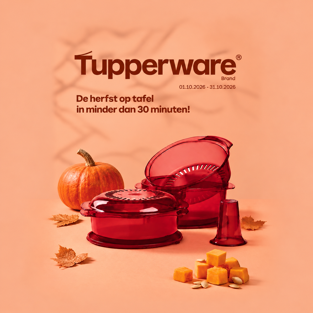 Tupperware red kitchen containers with a pumpkin and diced squash on an orange background.
