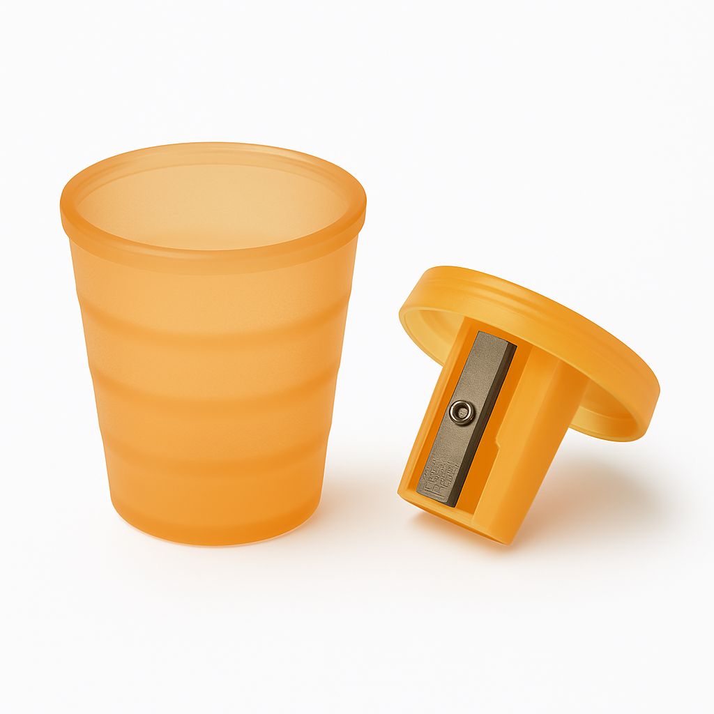 Oranje keukenpuntenslijper met opbergbekertje, praktisch en compact voor elke keuken