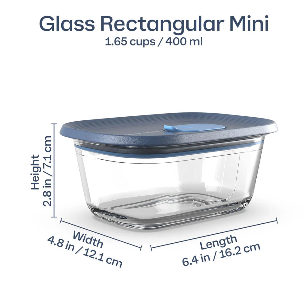 Glass rectangular mini food storage container with blue lid, 400ml, size labeled