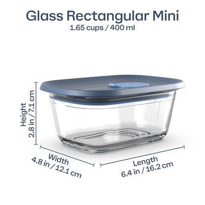 Glass rectangular mini food storage container with blue lid, 400ml, size labeled