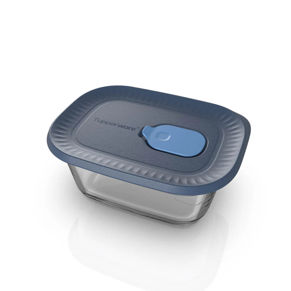 Rectangular food storage container with blue airtight lid and vent, ideal for kitchen organization