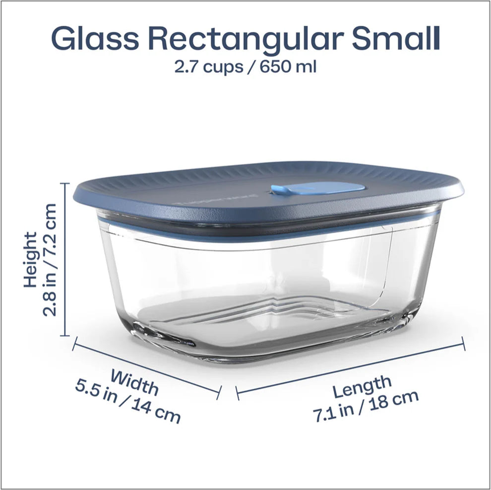 Small glass rectangular food storage container with blue lid, 650ml capacity, dimensions labeled.
