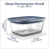Small glass rectangular food storage container with blue lid, 650ml capacity, dimensions labeled.