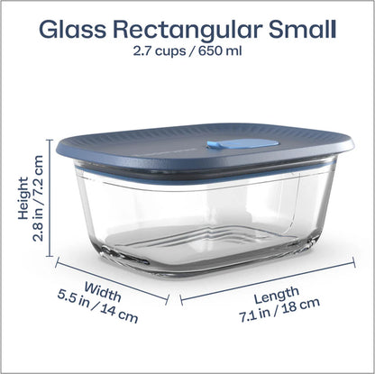 Small glass rectangular food storage container with blue lid, 650ml capacity, dimensions labeled.