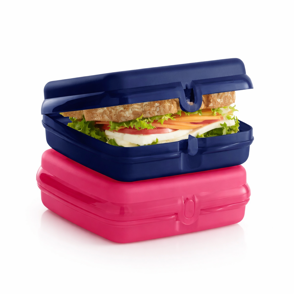 Blue and pink sandwich boxes, with a fresh sandwich packed in the blue lunch container