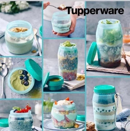 Tupperware glazen met gezonde smoothies, yoghurt en desserts, perfect voor op reis of lunch