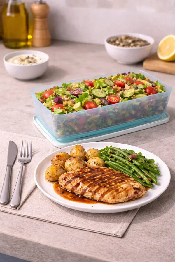 Fresh salad in storage container, grilled chicken with potatoes and green beans on a plate