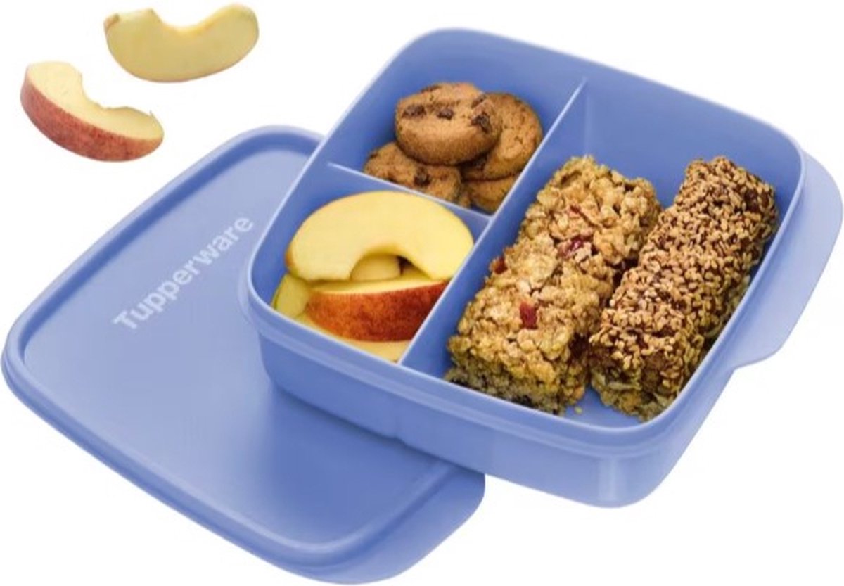 Blue lunchbox with compartments holding apple slices, cookies, and granola bars