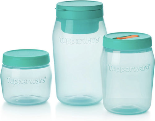 Tupperware opbergpotten met groene deksels, ideaal voor keukenorganisatie en voedselopslag