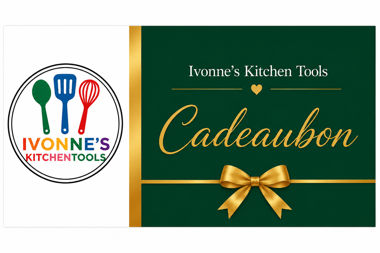 Ivonne's Kitchen Tools cadeaubon met gouden strik en logo, perfect voor keukengeschenken