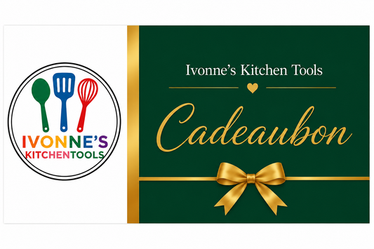 Ivonne's Kitchen Tools cadeaubon met gouden strik en logo, perfect voor keukengeschenken