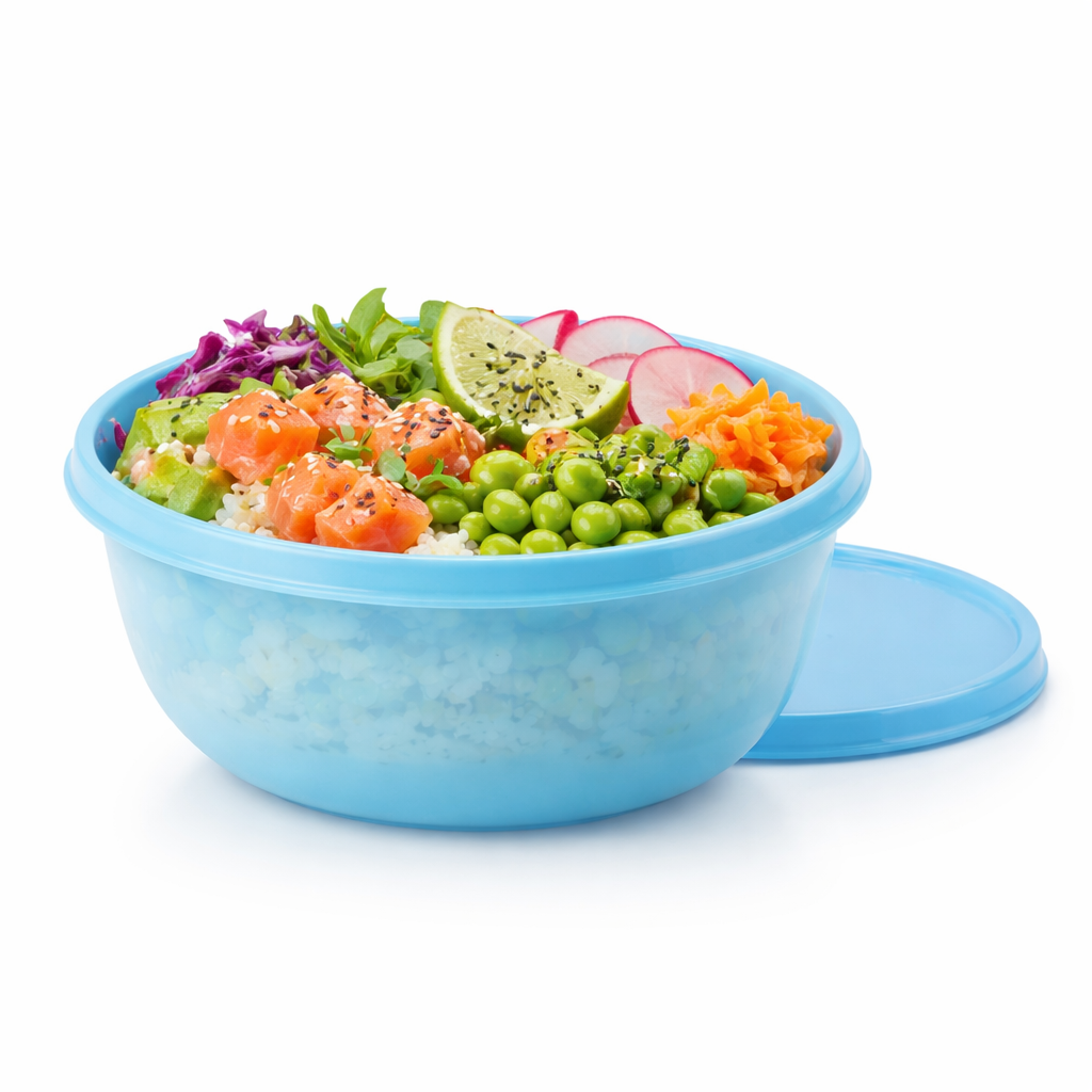 Blauwe lunchbox met kleurrijke poke bowl: zalm, avocado, groenten en rijst - perfect voor gezonde maaltijden