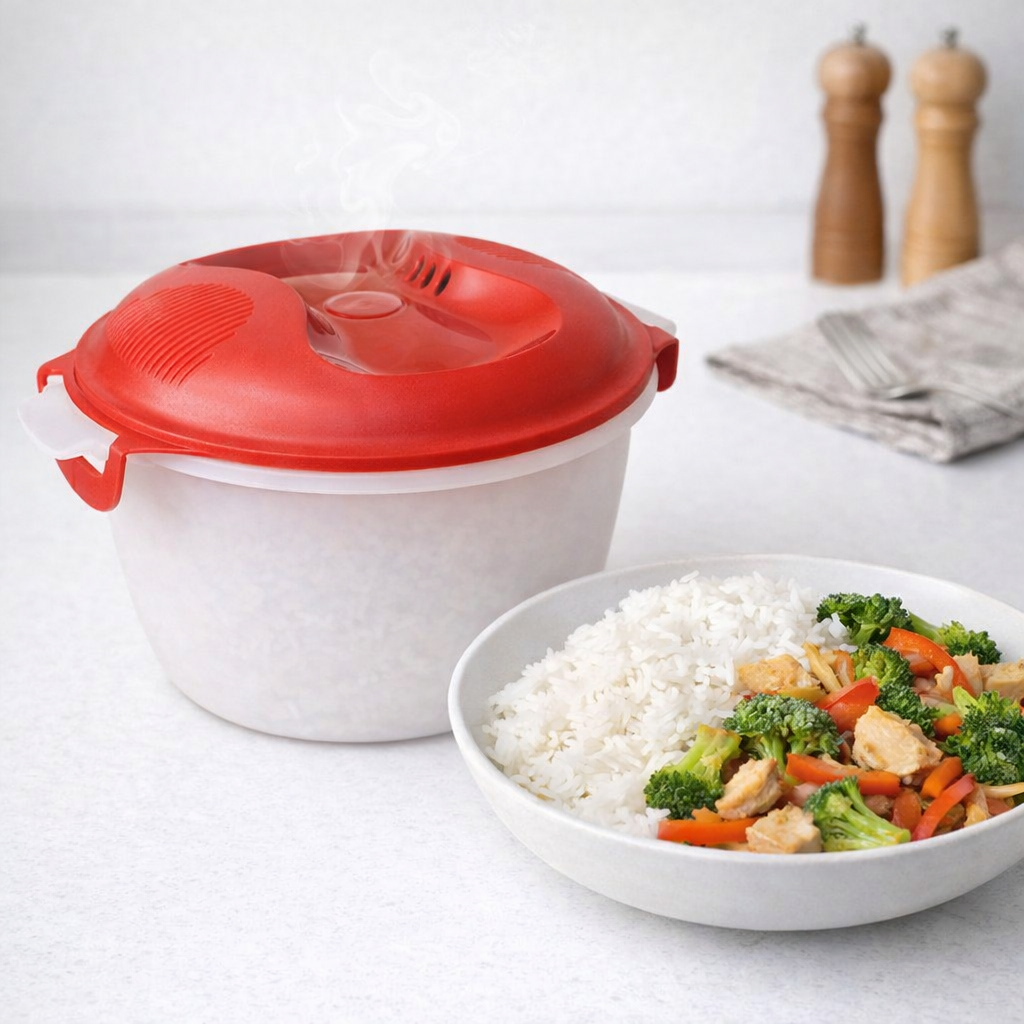 Microwave rice cooker with red lid next to a bowl of rice and vegetable stir-fry on kitchen counter