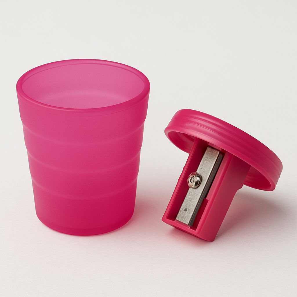 Roze keukenpuntenslijper met opbergbekertje, praktisch en compact voor elke keuken