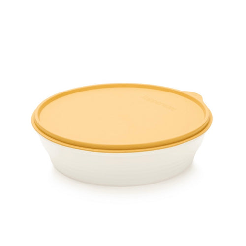 Round plastic food storage container with yellow lid, kitchen organizing accessory