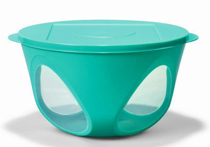 Turquoise keukenmixer met deksel en transparante openingen, ideaal voor mengen en opslaan
