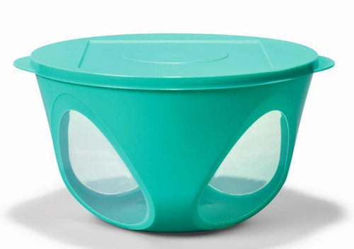Turquoise keukenmixer met deksel en transparante openingen, ideaal voor mengen en opslaan