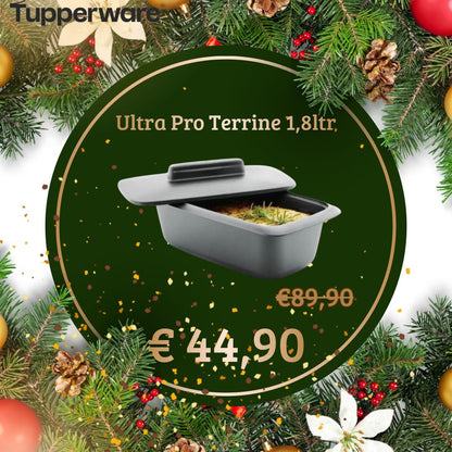 Tupperware Ultra Pro Terrine 1,8 L in grafietkleur op witte achtergrond.