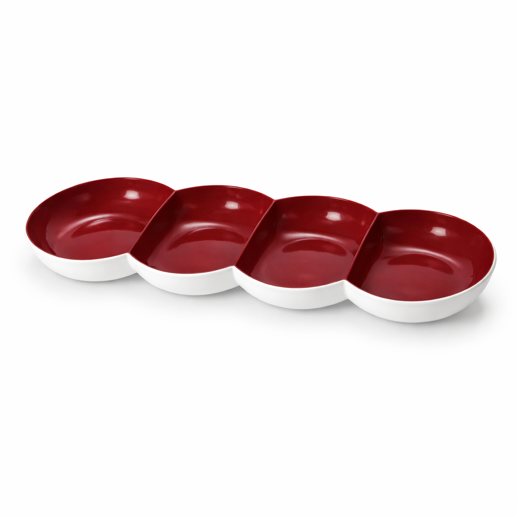 Four-section red and white ceramic serving tray for snacks or appetizers