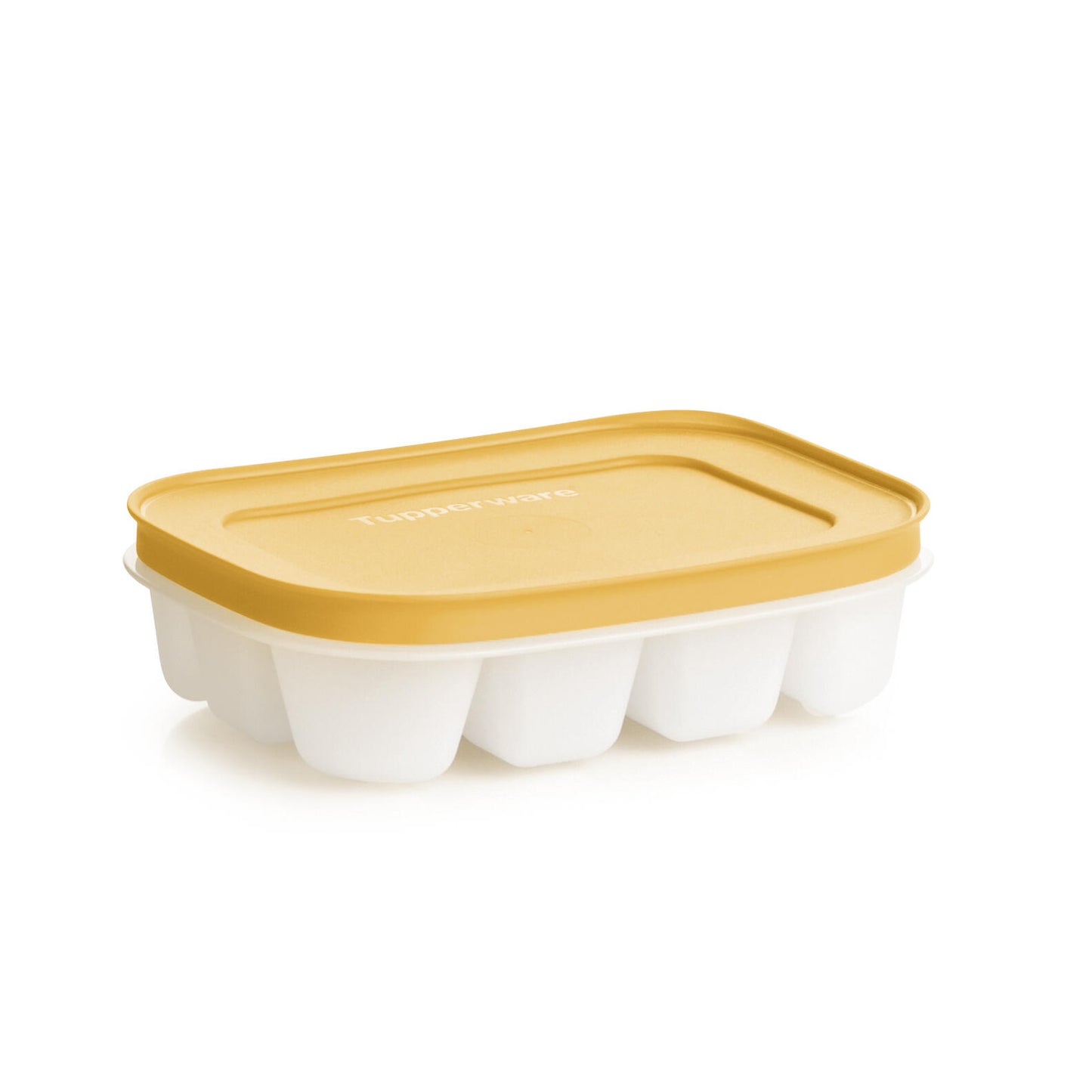 Tupperware ijsblokjesvorm met geel deksel, ideaal voor keukengadgets en voedselopslag