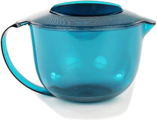 Translucent blue plastic mixing bowl with handle and spout, ideal for kitchen use