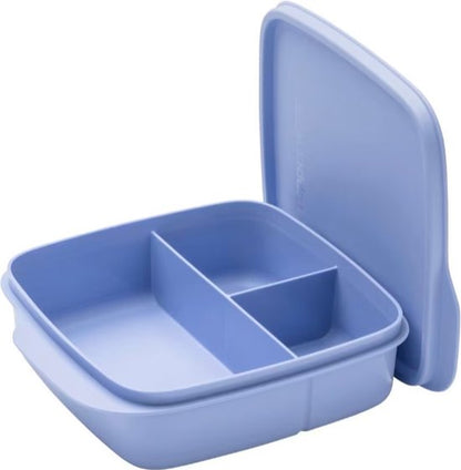 Light blue plastic lunch box with three compartments and open lid