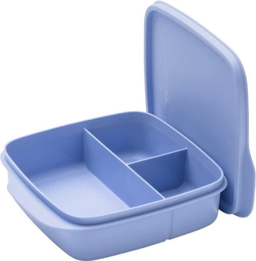 Light blue plastic lunch box with three compartments and open lid