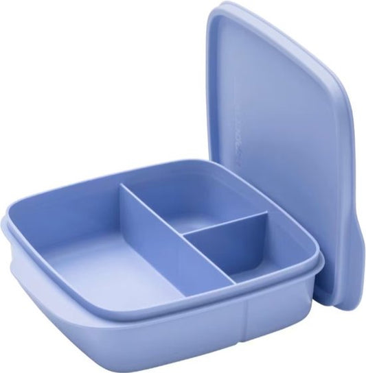 Light blue plastic lunch box with three compartments and open lid